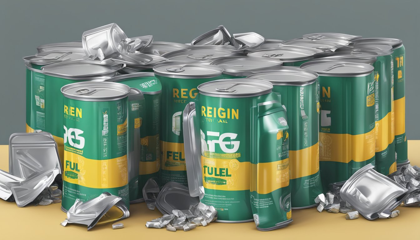 A stack of empty Reign Total Body Fuel cans, overflowing from a trash bin