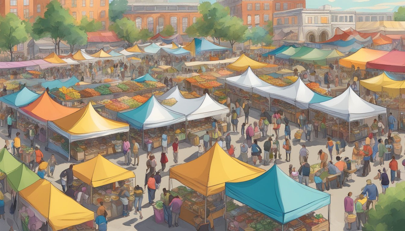 A bustling food festival in Washington, with colorful tents and food stalls, people sampling dishes, and live music filling the air