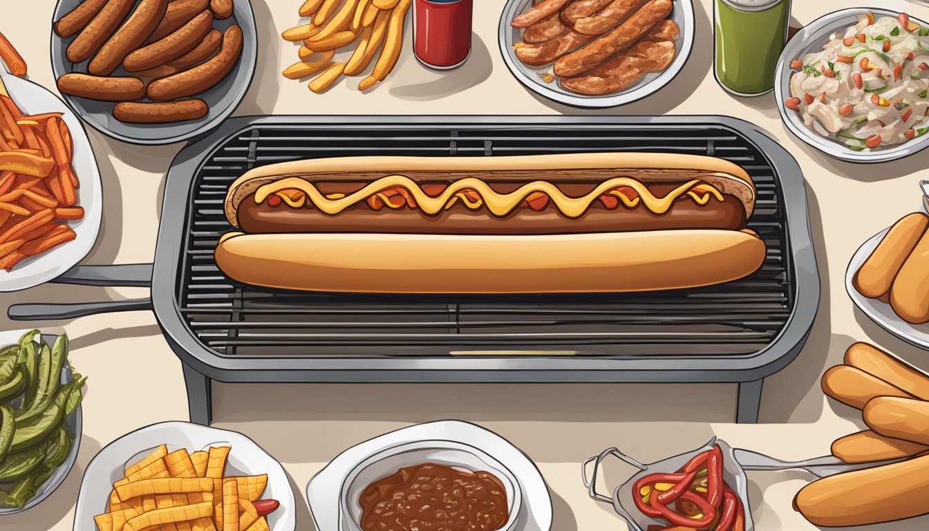 A hot dog grilling over smoky flames on a Texas BBQ grill, surrounded by sizzling sausages and a spread of condiments