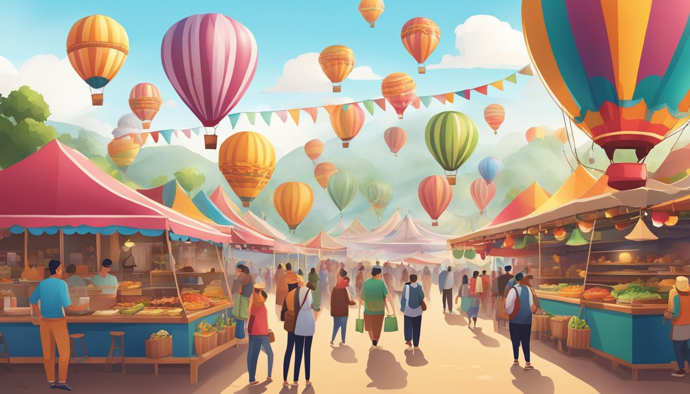 Colorful food stalls line the festival grounds, offering a variety of cuisines. Hot air balloons float in the sky above, adding to the festive atmosphere