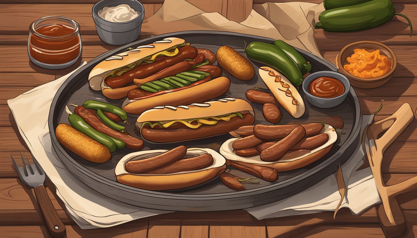 A grill with sizzling hot dogs, surrounded by Texas BBQ sauce, onions, and jalapenos, with a rustic wooden serving platter nearby