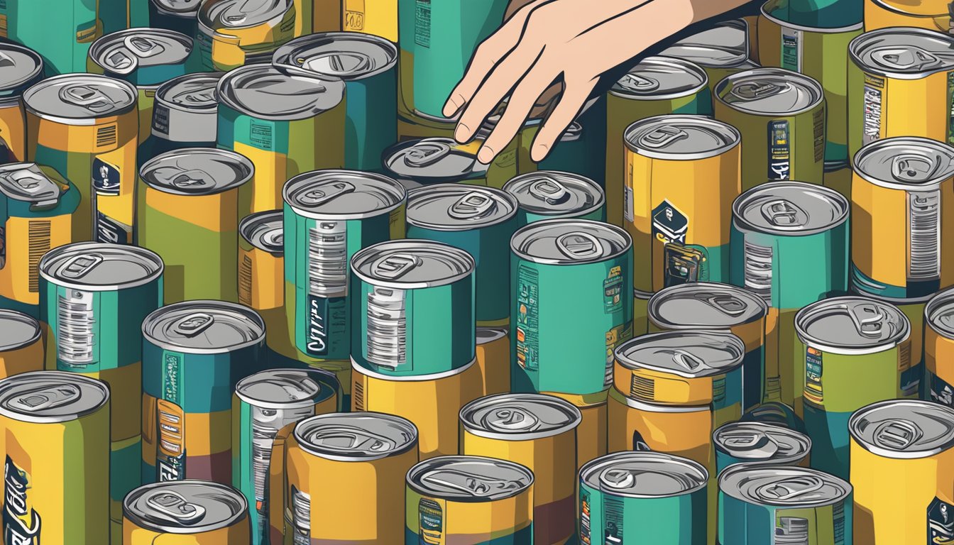 A table with multiple cans of Reign Total Body Fuel stacked up, with a person's hand reaching for another can