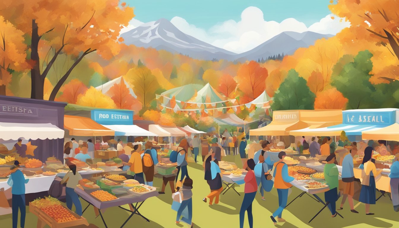 A bustling food festival in Oregon, set against a backdrop of lush greenery and colorful autumn leaves, with vendors selling unique seasonal dishes