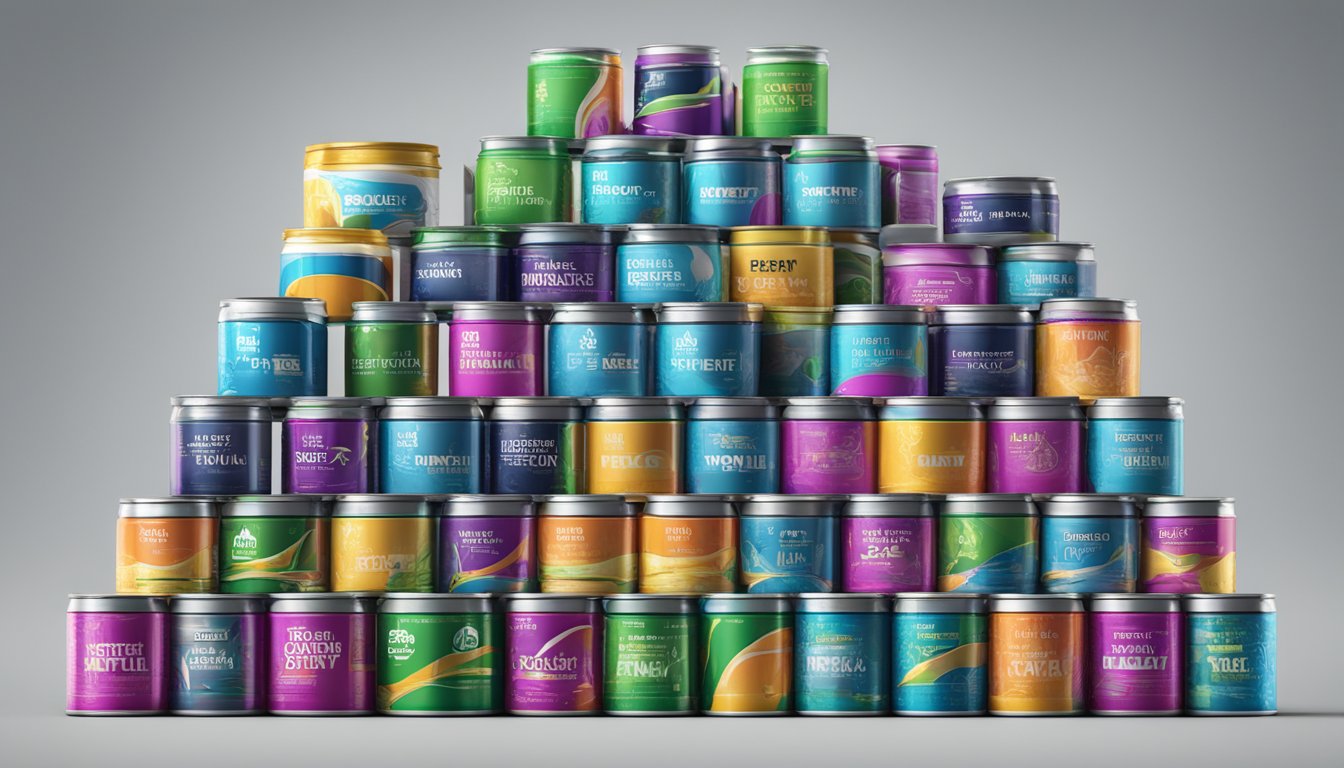 A table with multiple cans of Reign Total Body Fuel stacked in a pyramid, surrounded by empty cans