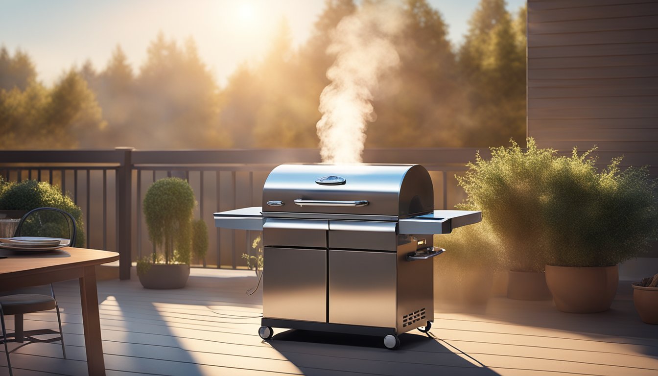 A sleek, stainless steel electric smoker sits on a patio, emitting wisps of smoke as it cooks. The sun shines down on the smoker, casting a warm glow