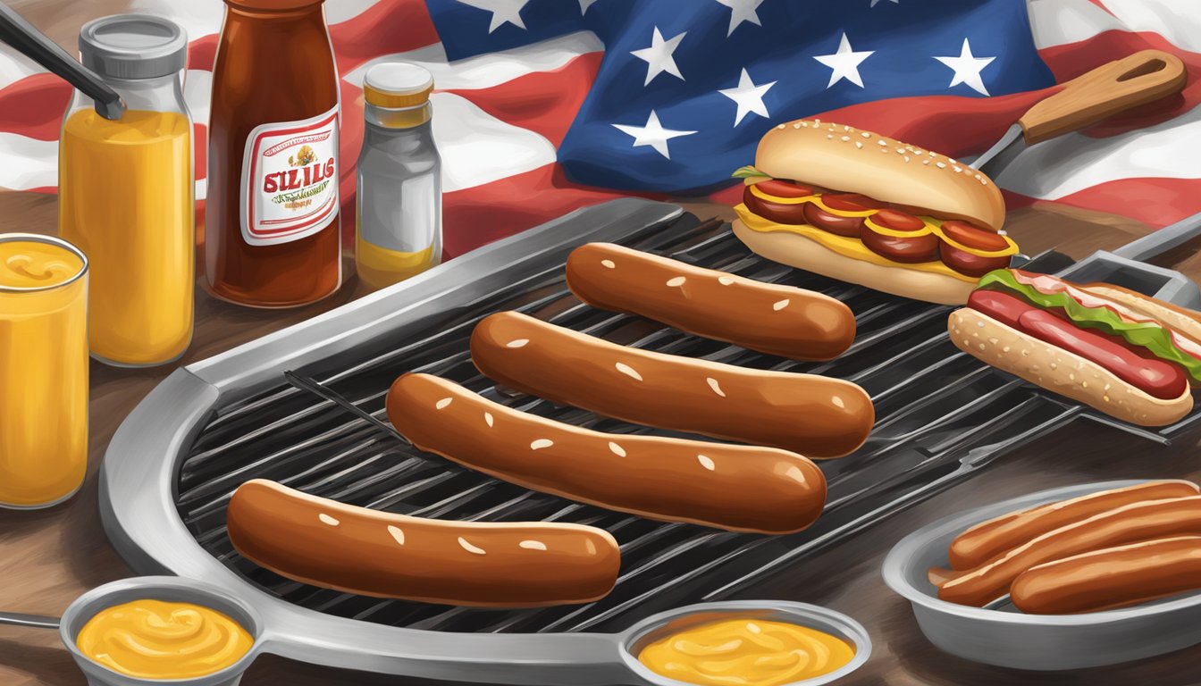 A grill with sizzling hot dogs, tongs, a basting brush, barbecue sauce, mustard, and a Texas flag in the background