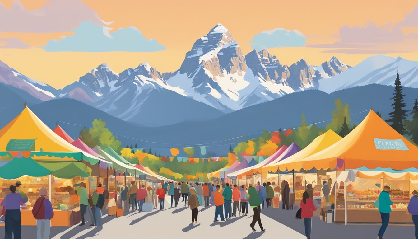 Colorful tents line the streets, filled with local vendors and delicious aromas. Mountains loom in the background, while visitors sample gourmet treats at the Jackson Hole Fall Arts Festival