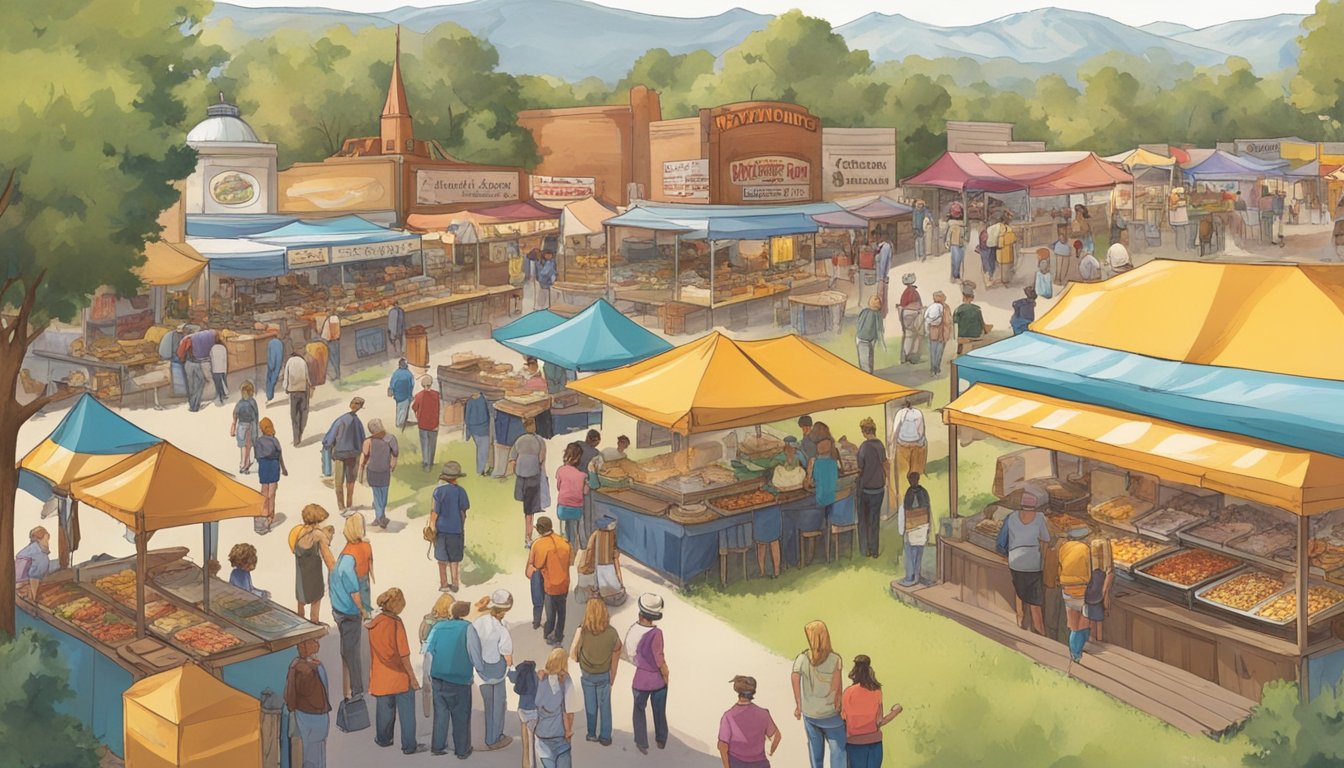 Vibrant food stalls line the festival grounds, offering a variety of delectable dishes. The aroma of sizzling meats and spices fills the air as visitors sample the best of Wyoming's culinary delights