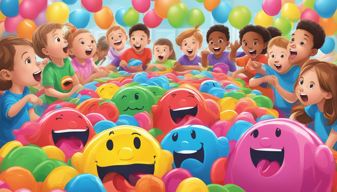 A table covered in empty Kool-Aid Jammers pouches, surrounded by children with colorful mustaches and hyperactive energy