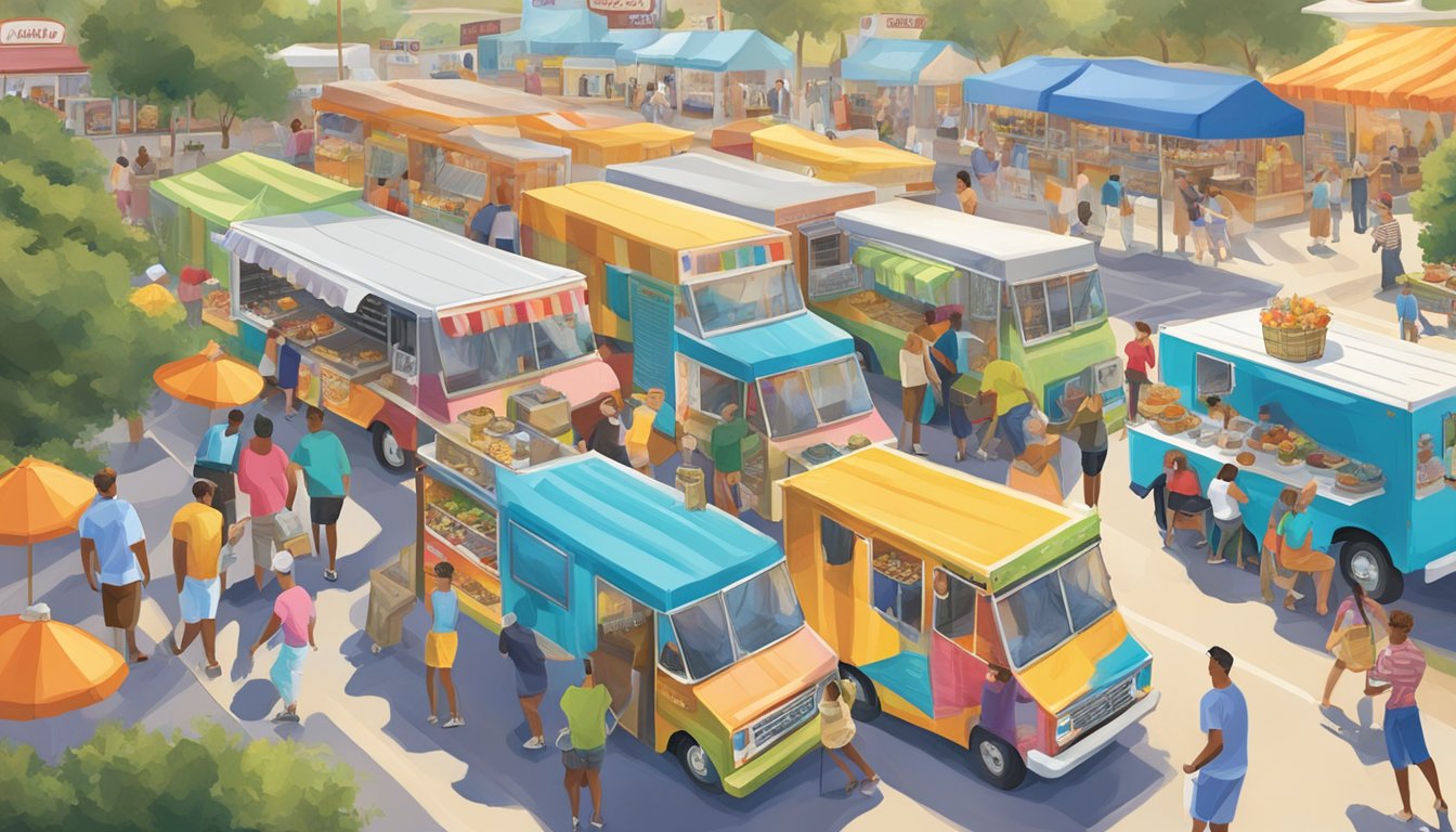 A bustling scene at the Myrtle Beach Food Truck Festival, with colorful trucks serving up a variety of delicious dishes under the bright South Carolina sun