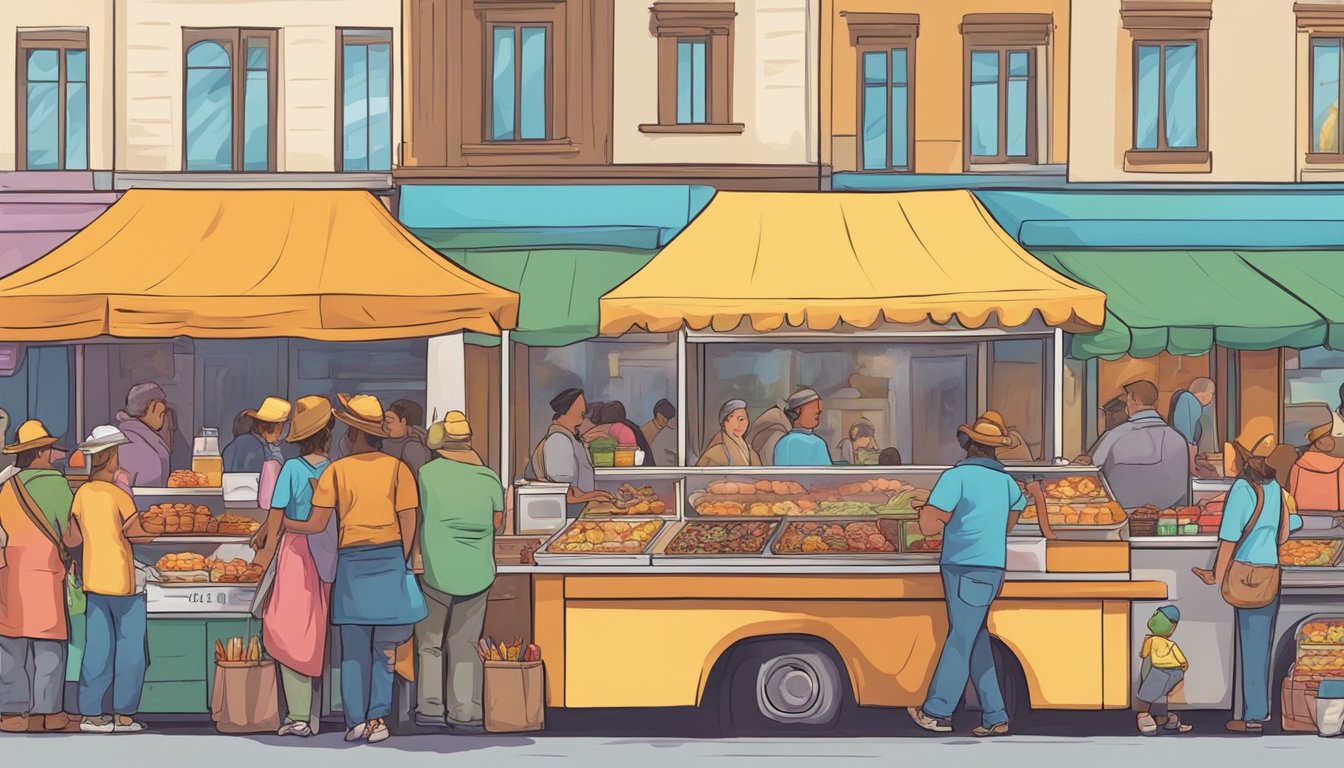 Colorful food vendors line the streets, offering a variety of delicious treats. The air is filled with the aroma of sizzling meats and sweet desserts. Crowds of people gather to sample the best food Wyoming has to offer