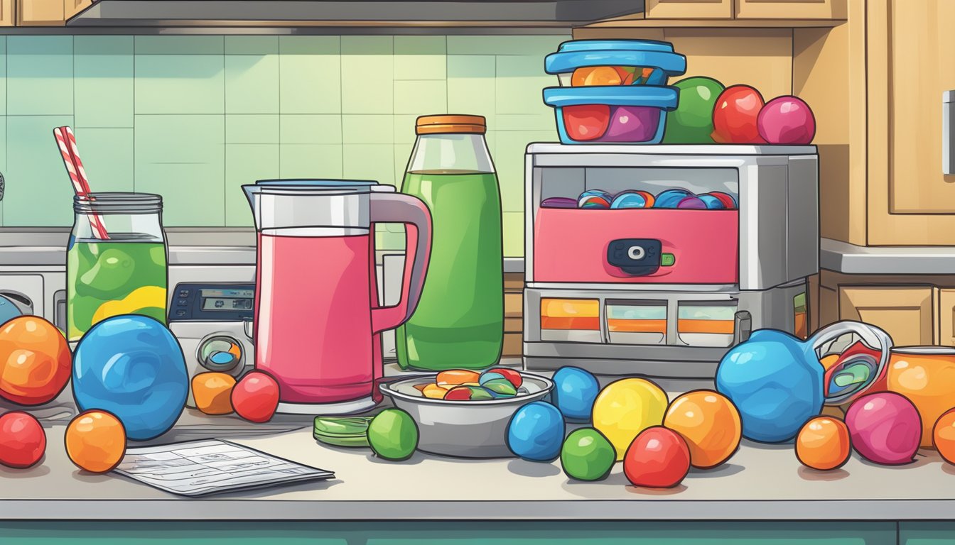 A colorful array of Kool-Aid Jammers scattered around a kitchen counter, with a nutrition label and calculator nearby