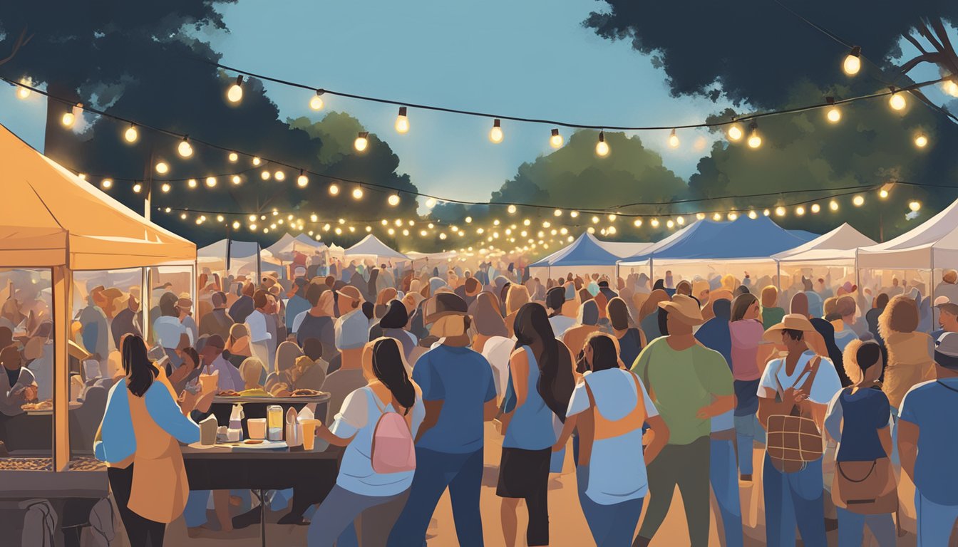 Crowds gather under string lights at the Blues, Brews & BBQ Festival, enjoying live music and sampling a variety of savory barbecue dishes