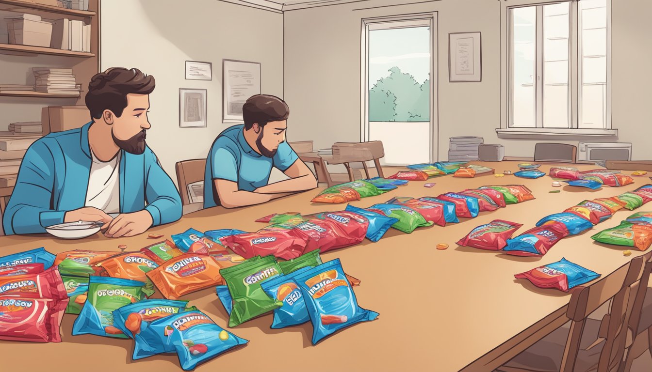 A table with numerous empty Kool-Aid Jammers pouches scattered around, with a concerned parent looking at a nutrition label