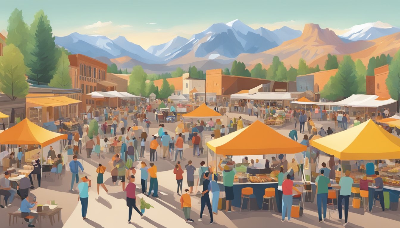 A bustling outdoor festival with colorful food stalls, live music, and people enjoying tasty dishes and local brews under the Wyoming sun