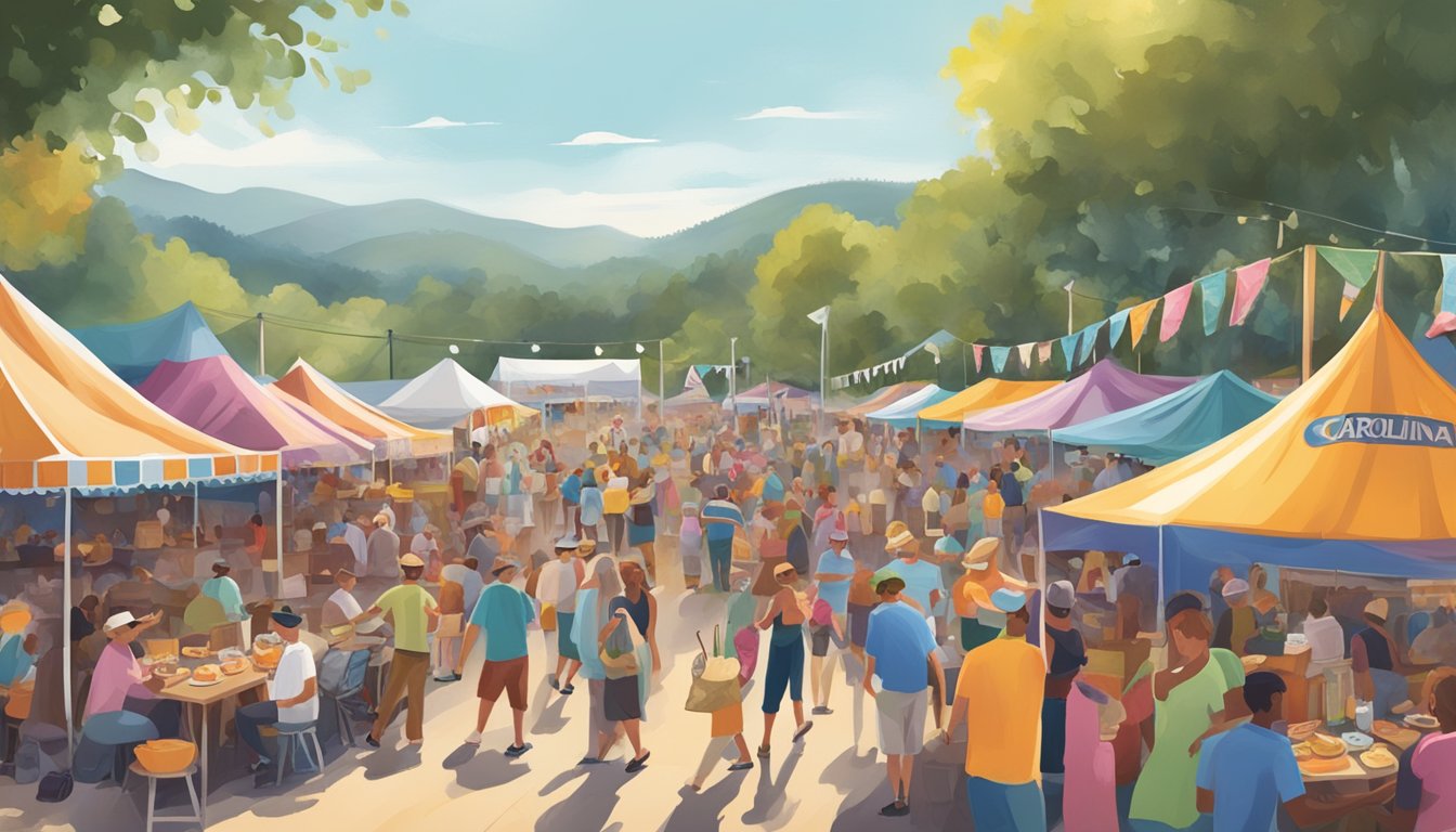 A lively outdoor festival with colorful food stalls, live music, and enthusiastic crowds enjoying the best of Carolina's country music and cuisine