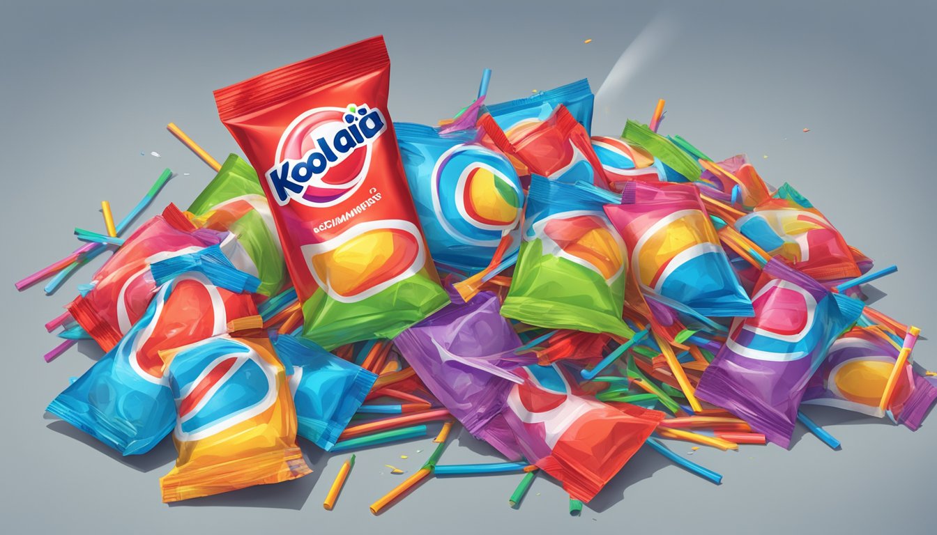 A pile of empty Kool-Aid Jammers pouches surrounded by discarded straws, with a few unopened pouches scattered around