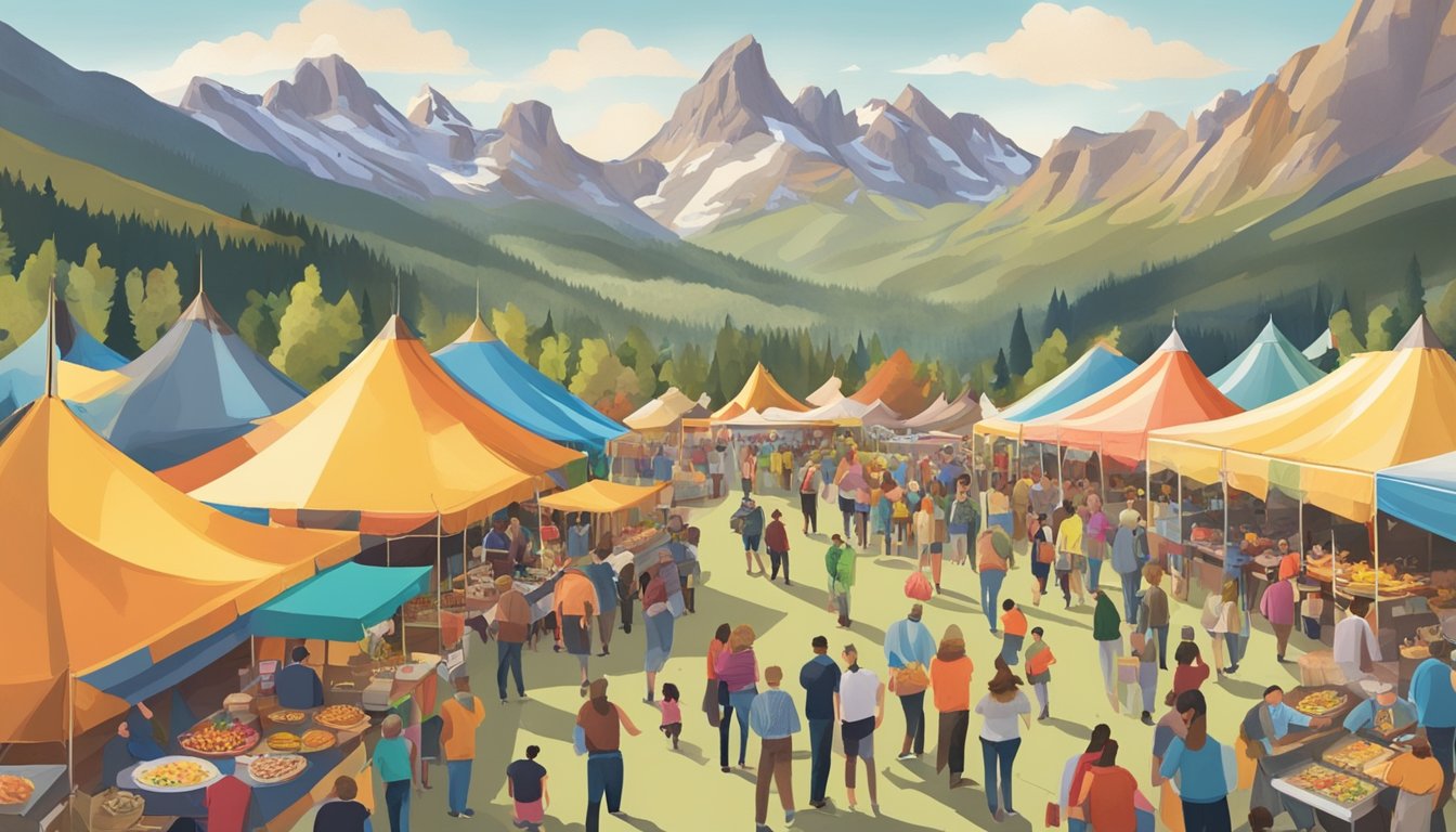 A bustling outdoor food festival with colorful tents, food vendors, and live music surrounded by scenic Wyoming mountains