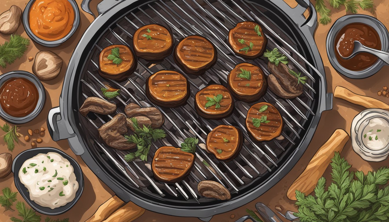 A grill with sizzling portobello mushrooms, surrounded by Texas BBQ sauce, herbs, and spices