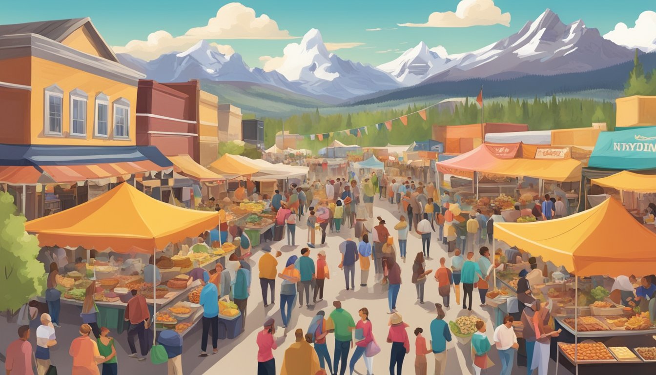 A vibrant food festival in Wyoming showcases unique culinary offerings, with colorful food stalls and lively crowds enjoying the diverse dishes