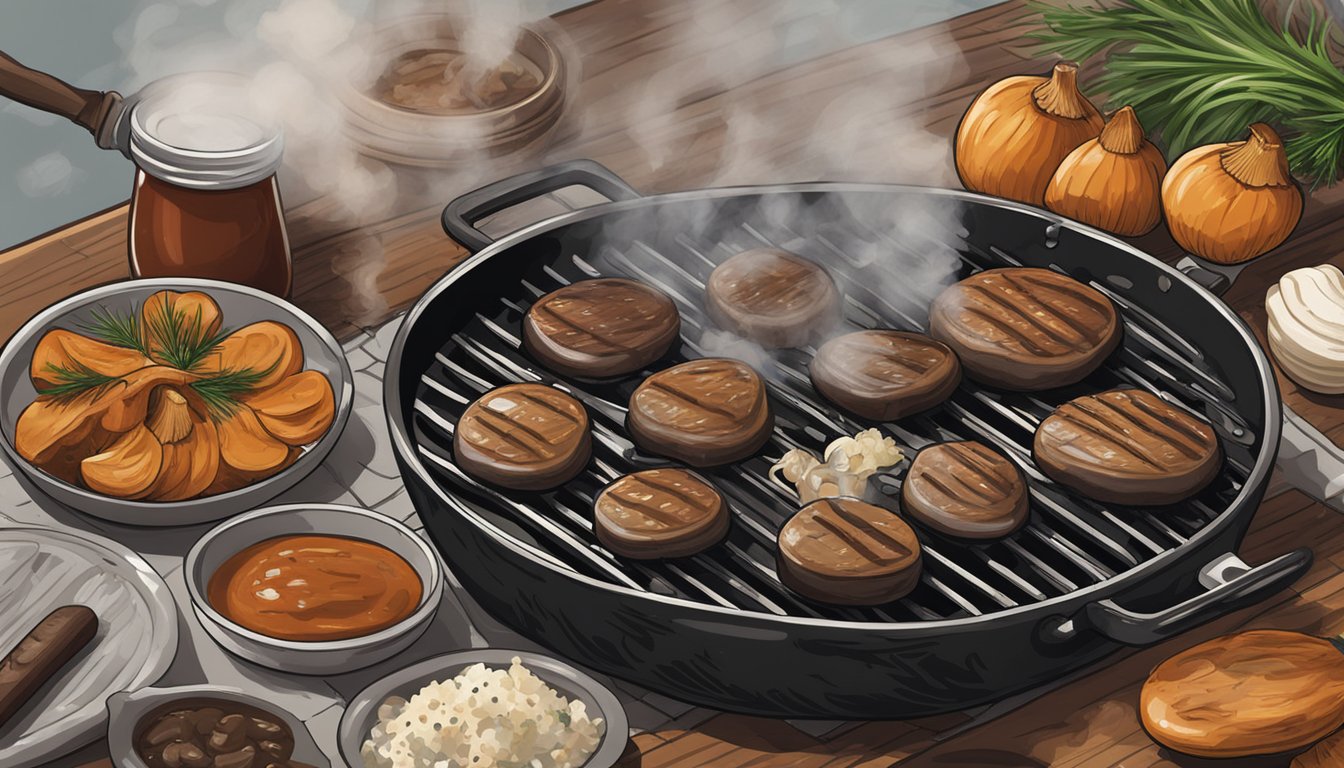 Portobello mushrooms sizzling on a grill, smoke rising, with a Texas BBQ sauce being brushed on. Surrounding ingredients like garlic, onions, and herbs