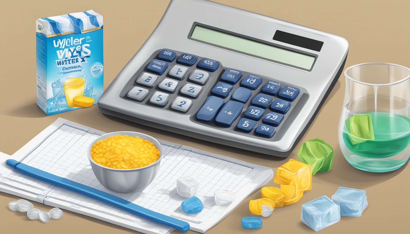 A table with multiple packets of Wylers water drink mix, a measuring cup, and a calculator