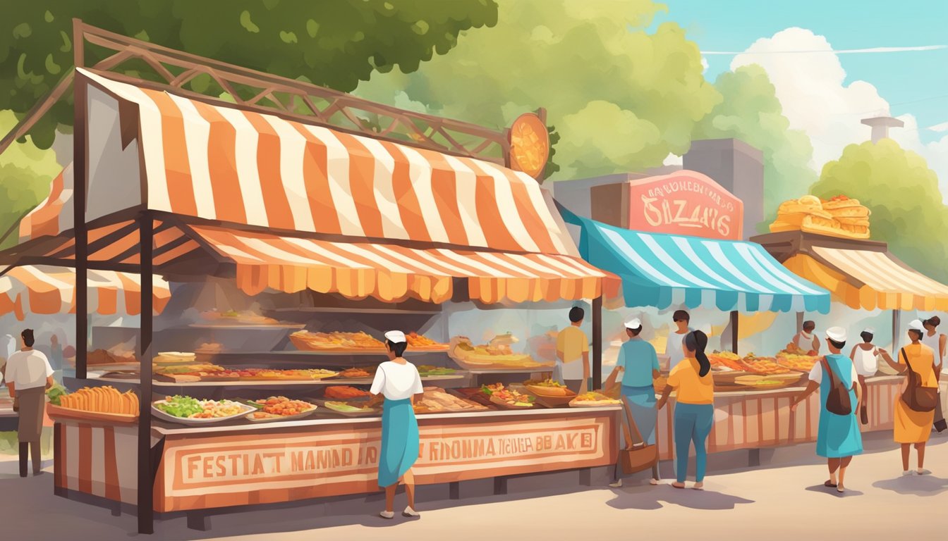 Colorful food vendors line the festival grounds, offering a variety of delicious dishes. The aroma of sizzling meats and fresh baked goods fills the air