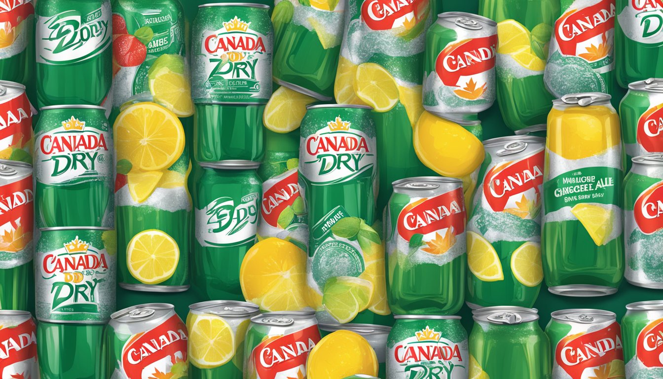 A table with multiple cans of Canada Dry Zero Sugar Ginger Ale, surrounded by caution signs and a measuring tape