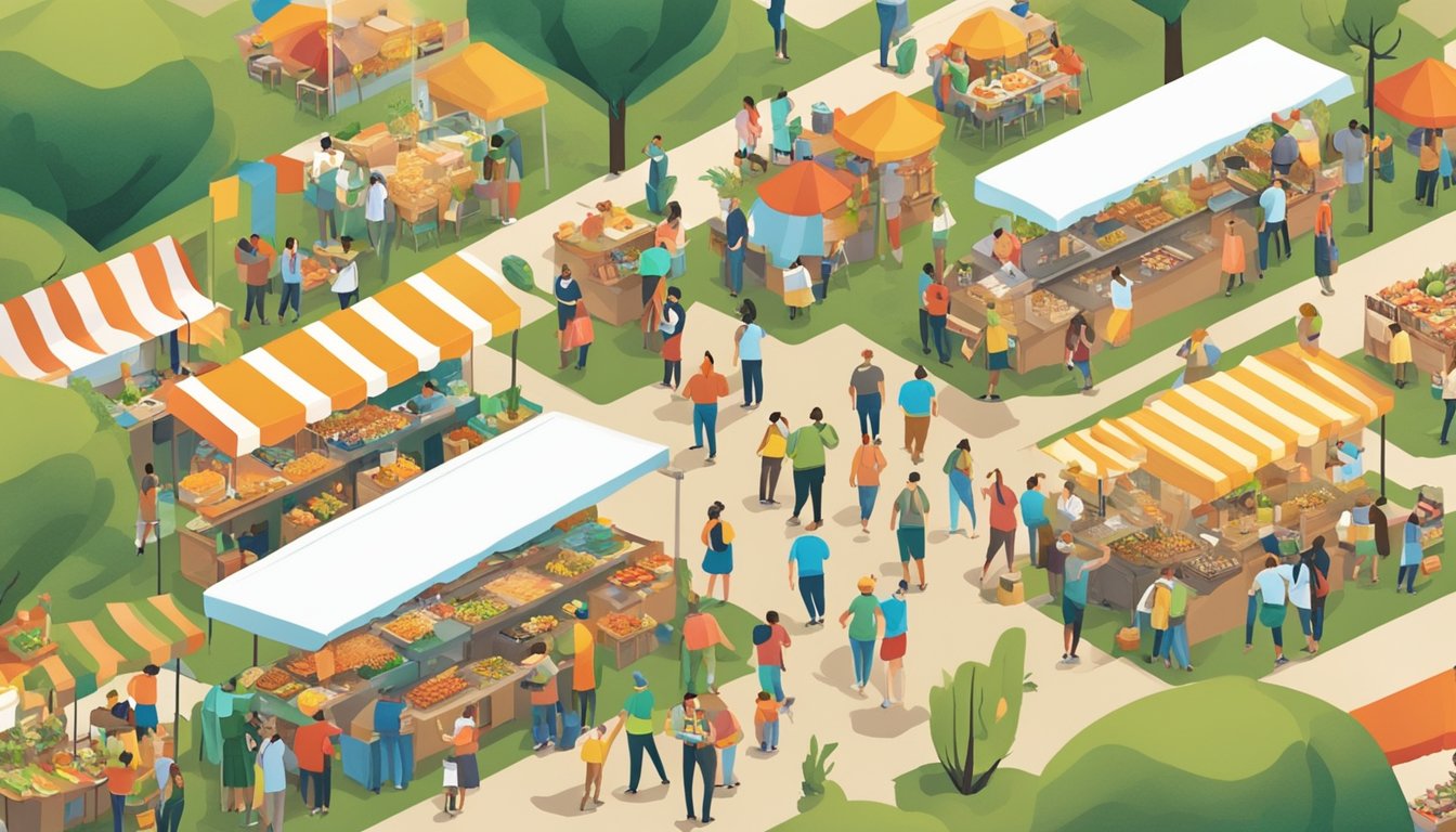 A bustling outdoor food festival in Texas, with vendors using eco-friendly materials and promoting sustainability