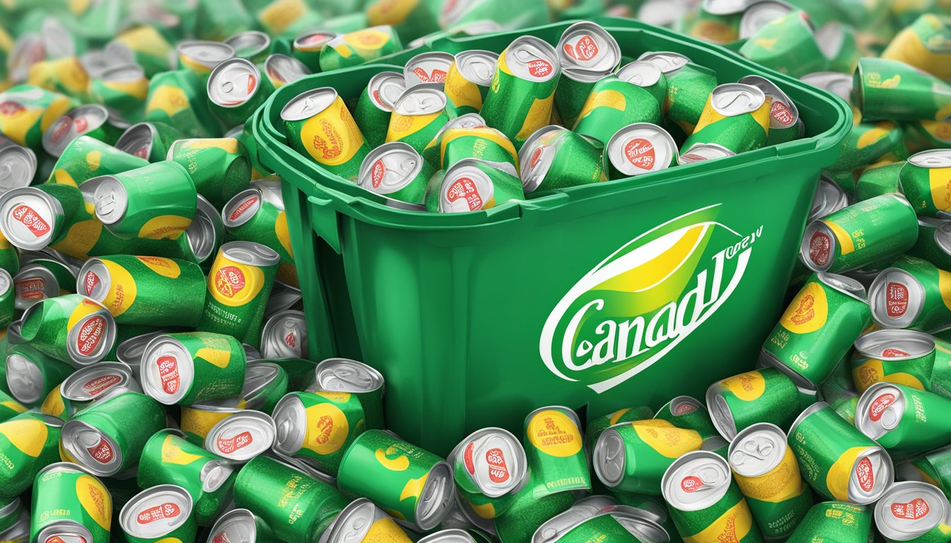 A mountain of empty Canada Dry Zero Sugar Ginger Ale cans, overflowing from a recycling bin, surrounded by caution signs