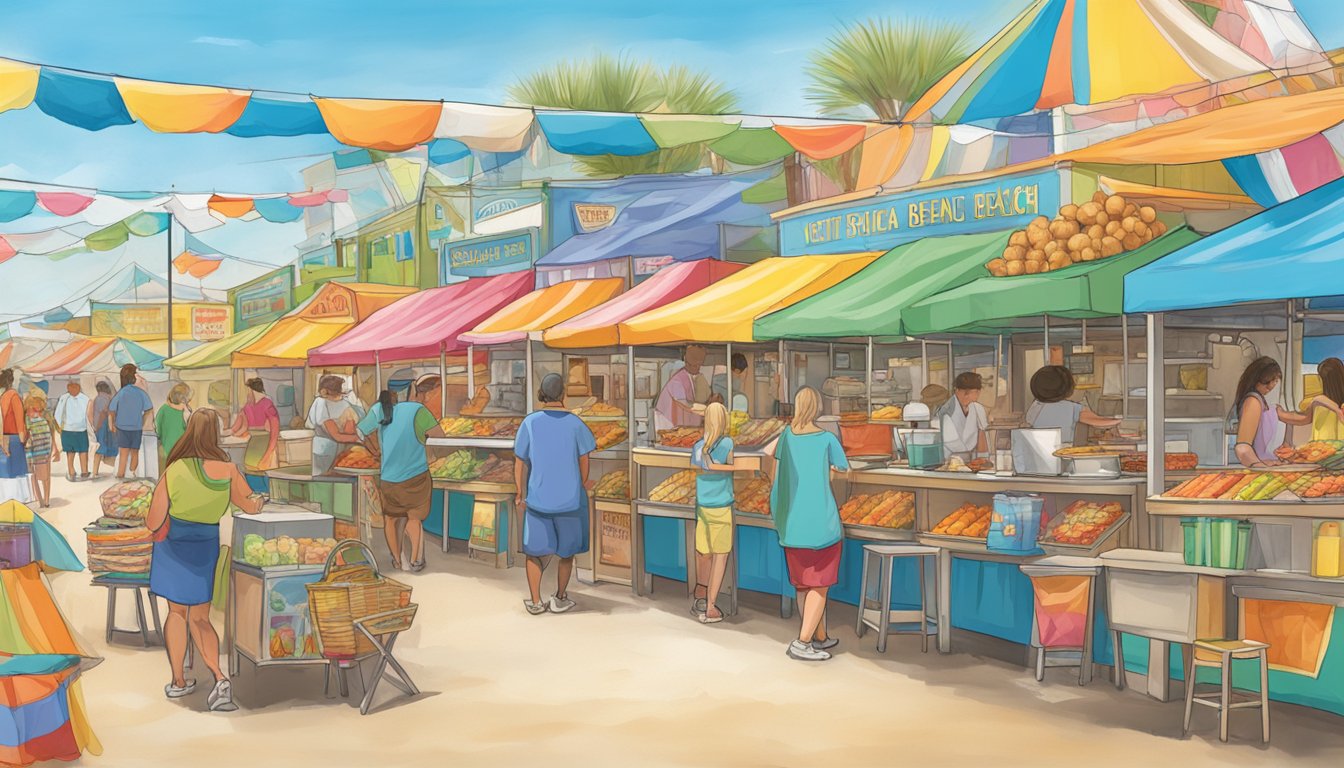 Colorful food stalls line the boardwalk at the Virginia Beach Neptune Festival, tempting visitors with a variety of delicious dishes and treats