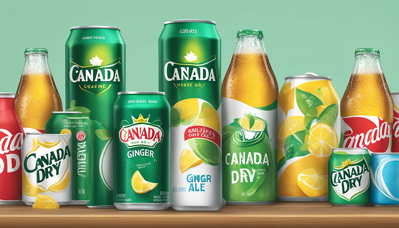 A table with multiple empty cans of Canada Dry Zero Sugar Ginger Ale, surrounded by other beverage containers in varying sizes