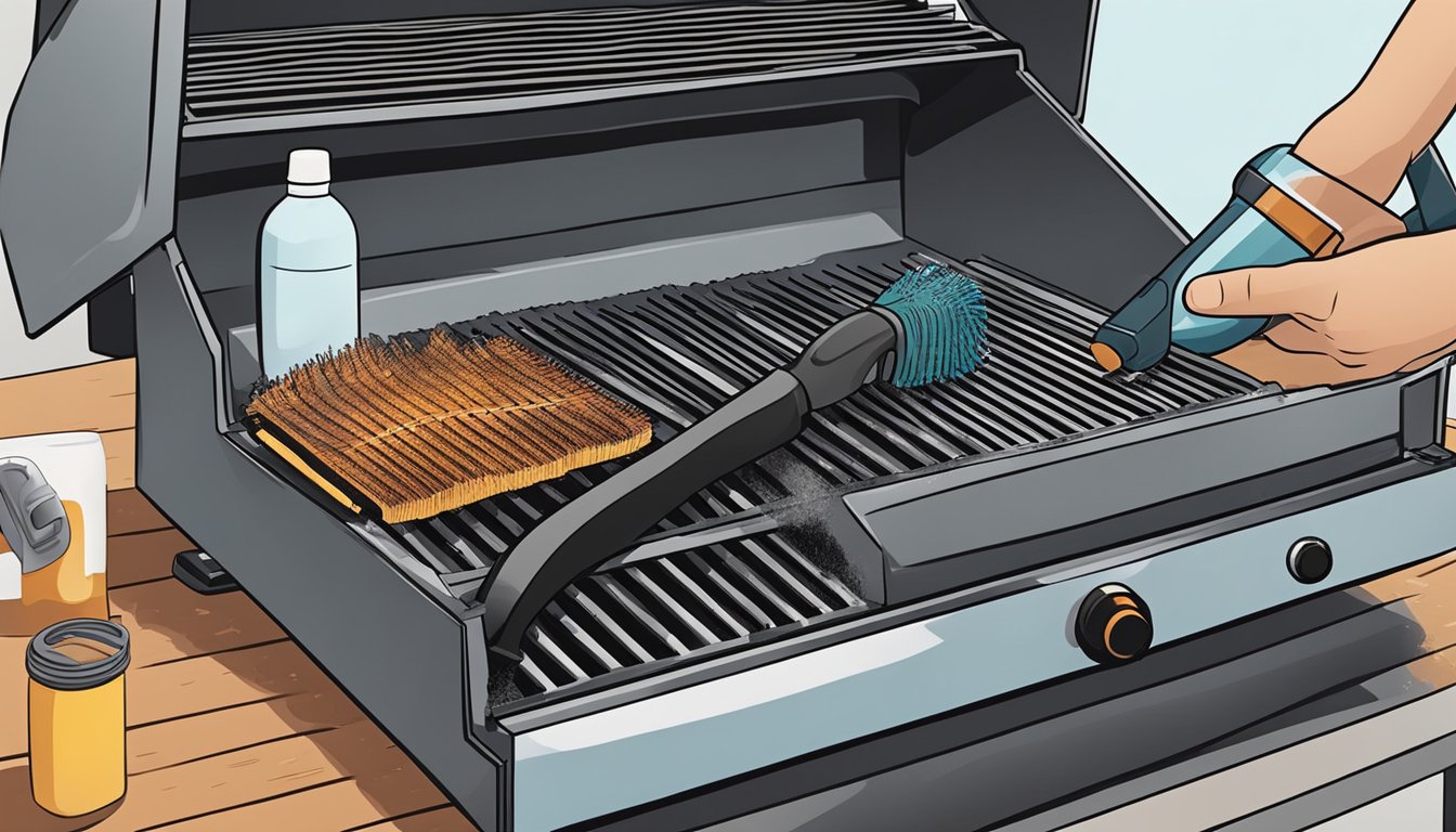 A grill brush scrapes charred remnants from a grill grate, while a hand-held vacuum sucks up loose debris. A bottle of grill cleaner sits nearby