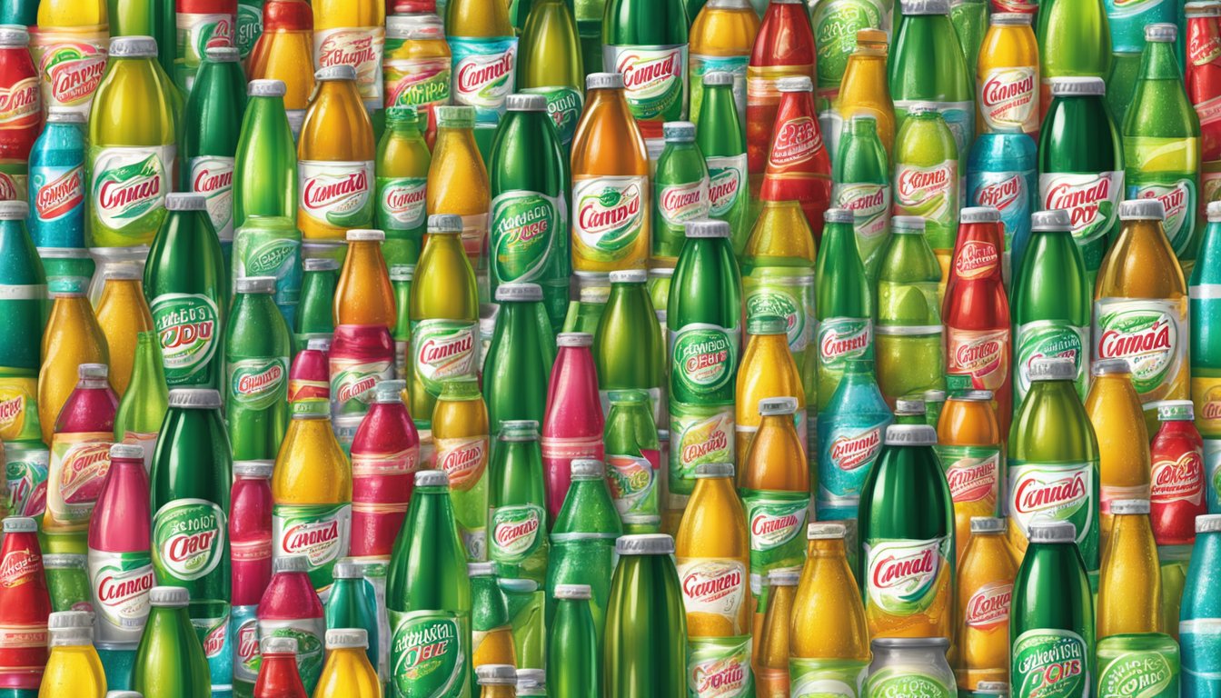 A crowded market stall with shelves of Canada Dry Zero Sugar Ginger Ale in various sizes and flavors. Bottles and cans are stacked in colorful rows