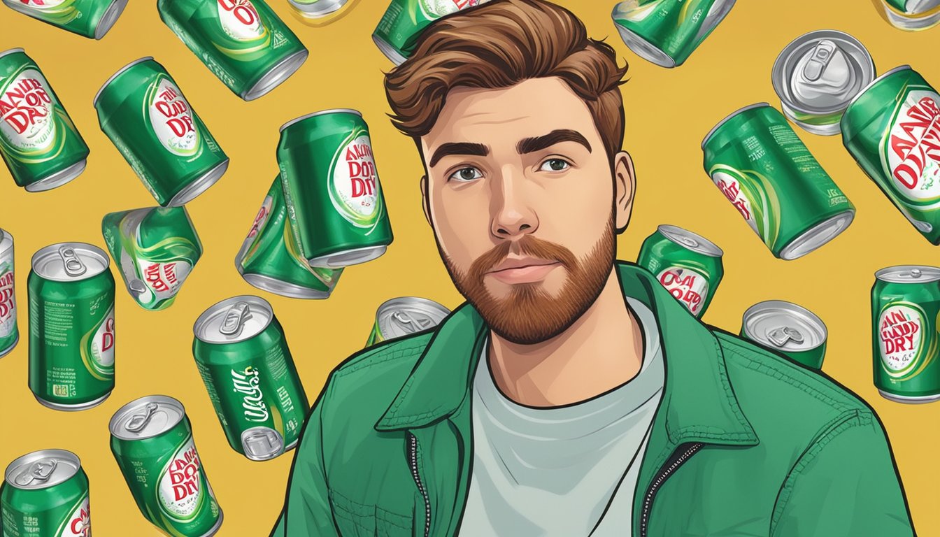 A person surrounded by empty Canada Dry Zero Sugar Ginger Ale cans, with a concerned look on their face