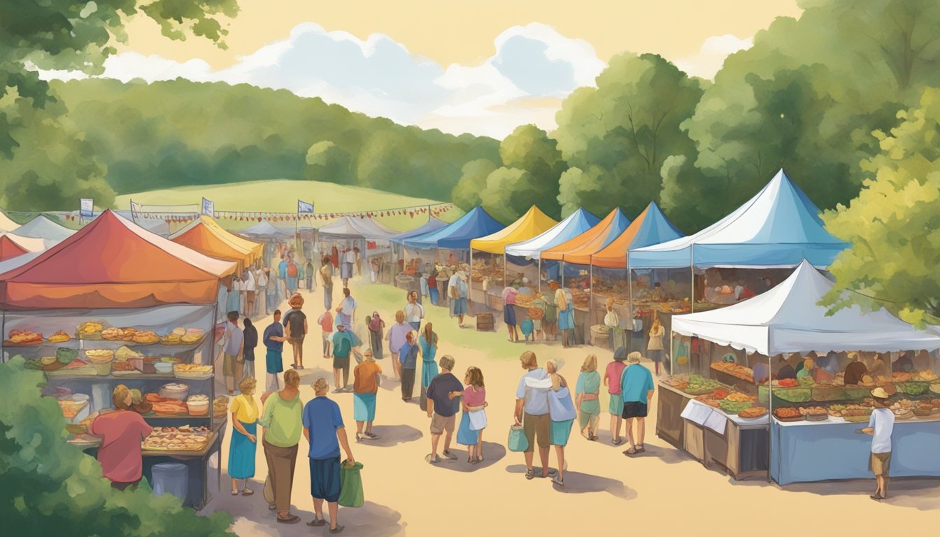 Colorful food stalls line the bustling festival grounds, offering a variety of cuisines. The aroma of sizzling dishes fills the air as people gather to sample the best of Virginia's culinary delights at FloydFest