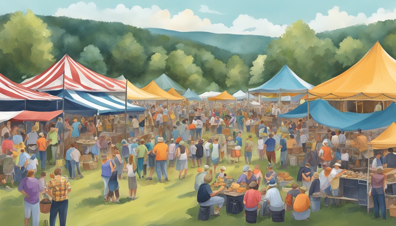 A bustling outdoor festival with colorful food stalls, live music, and crowds of people enjoying the Galax Old Fiddlers' Convention in Virginia