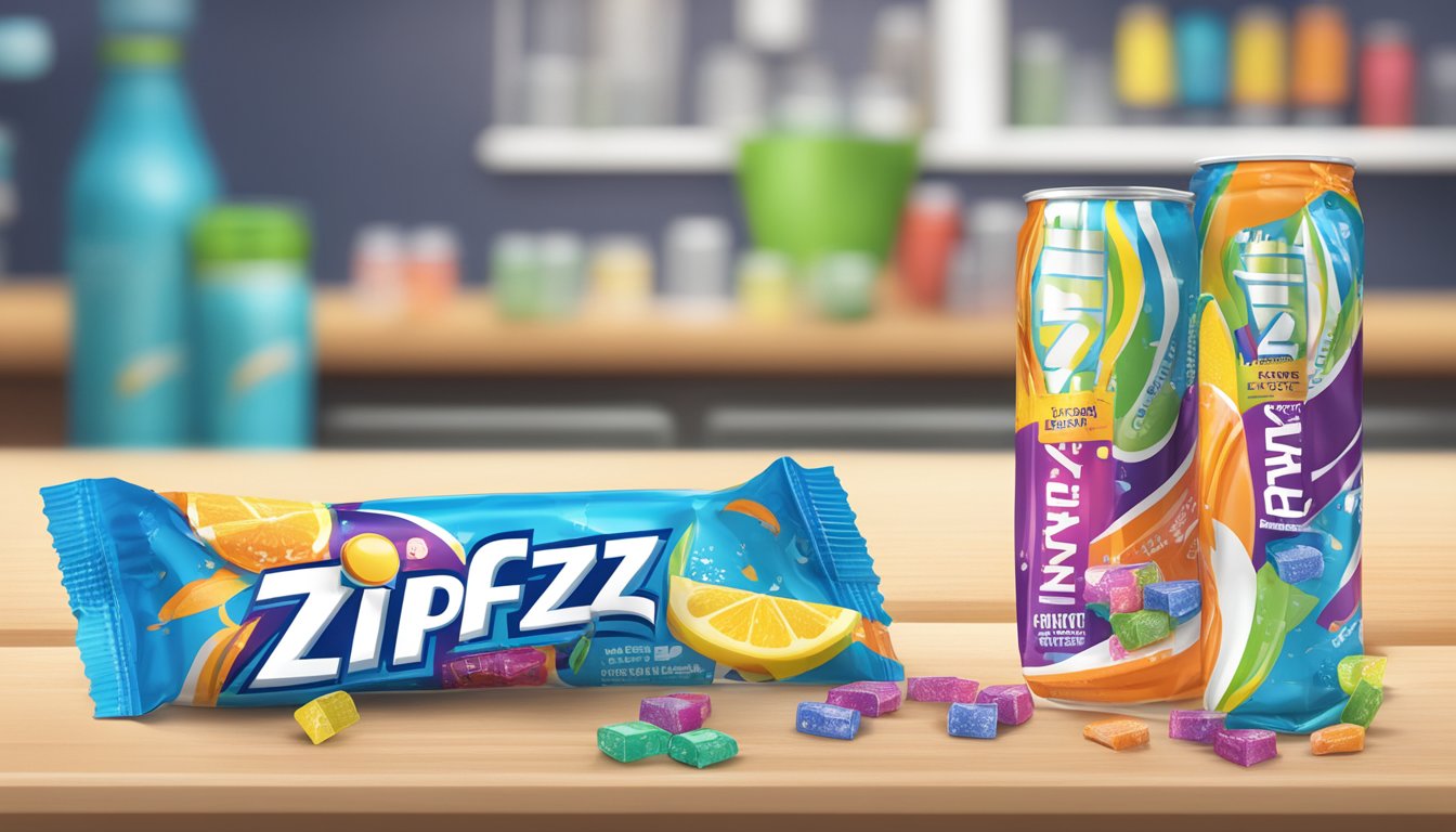 A table with multiple empty Zipfizz energy drink mix packets scattered around, alongside a measuring cup and a nutrition label