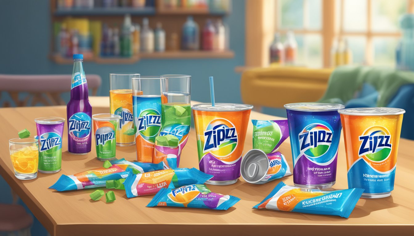 A table with multiple empty Zipfizz energy drink mix packets scattered around, along with various sizes of glasses and bottles filled with the drink