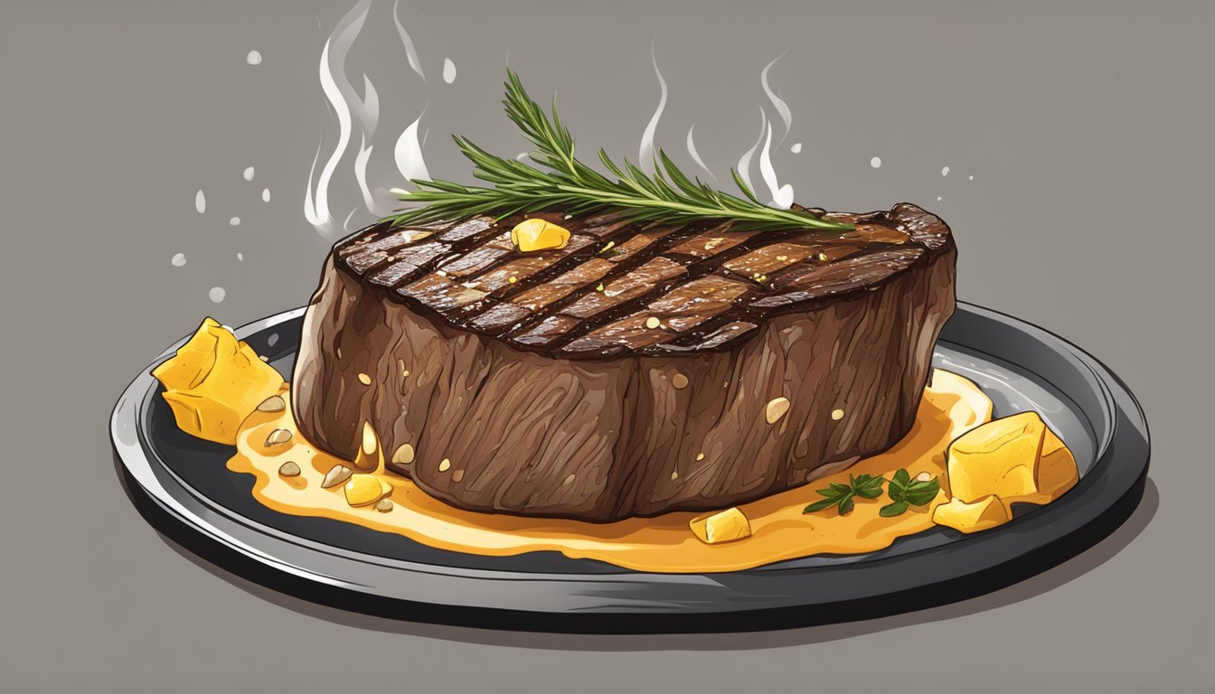 A sizzling steak on a grill with a charred crust, surrounded by herbs and spices, and a pat of melting butter on top