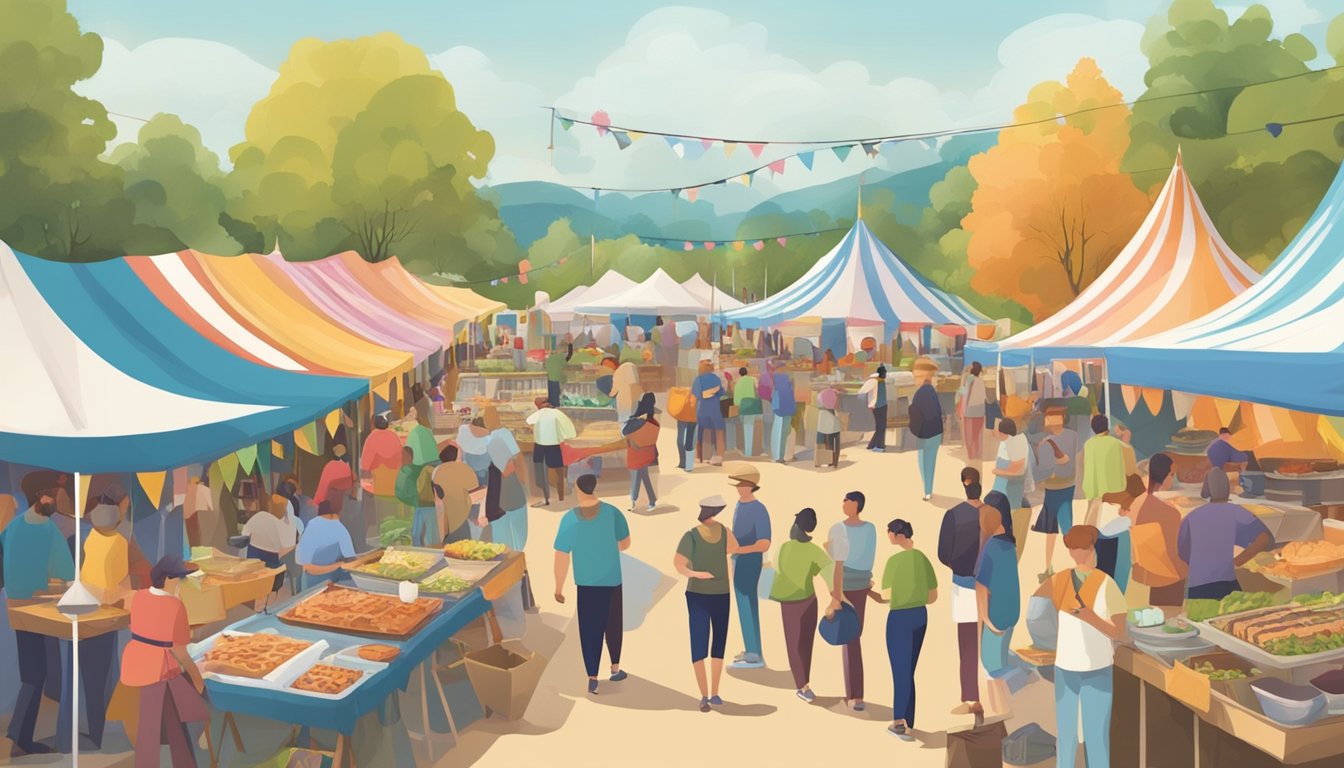 A bustling food festival in Virginia, with colorful tents and vendors selling a variety of delicious dishes. People are gathered around, sampling and enjoying the lively atmosphere