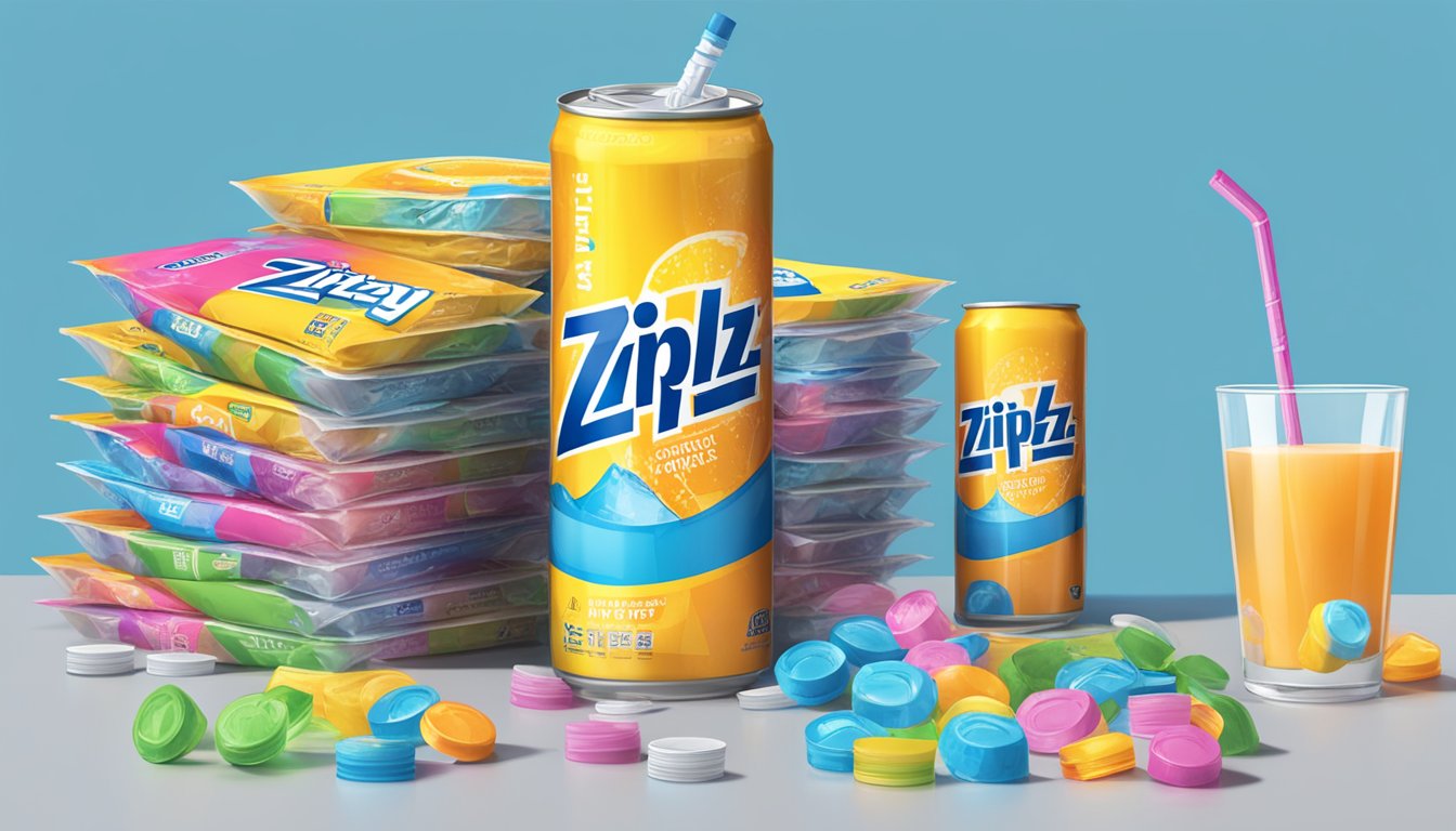 A table with multiple empty Zipfizz energy drink mix packets piled up, next to a measuring cup and a calculator