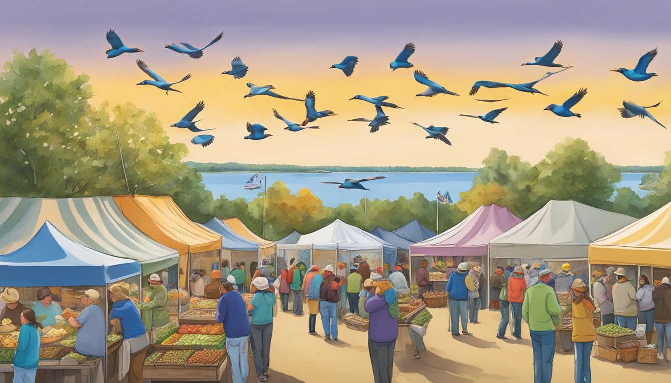 Colorful birds flock around food vendors at Chequamegon Bay Birding & Nature Festival, creating a lively and vibrant scene