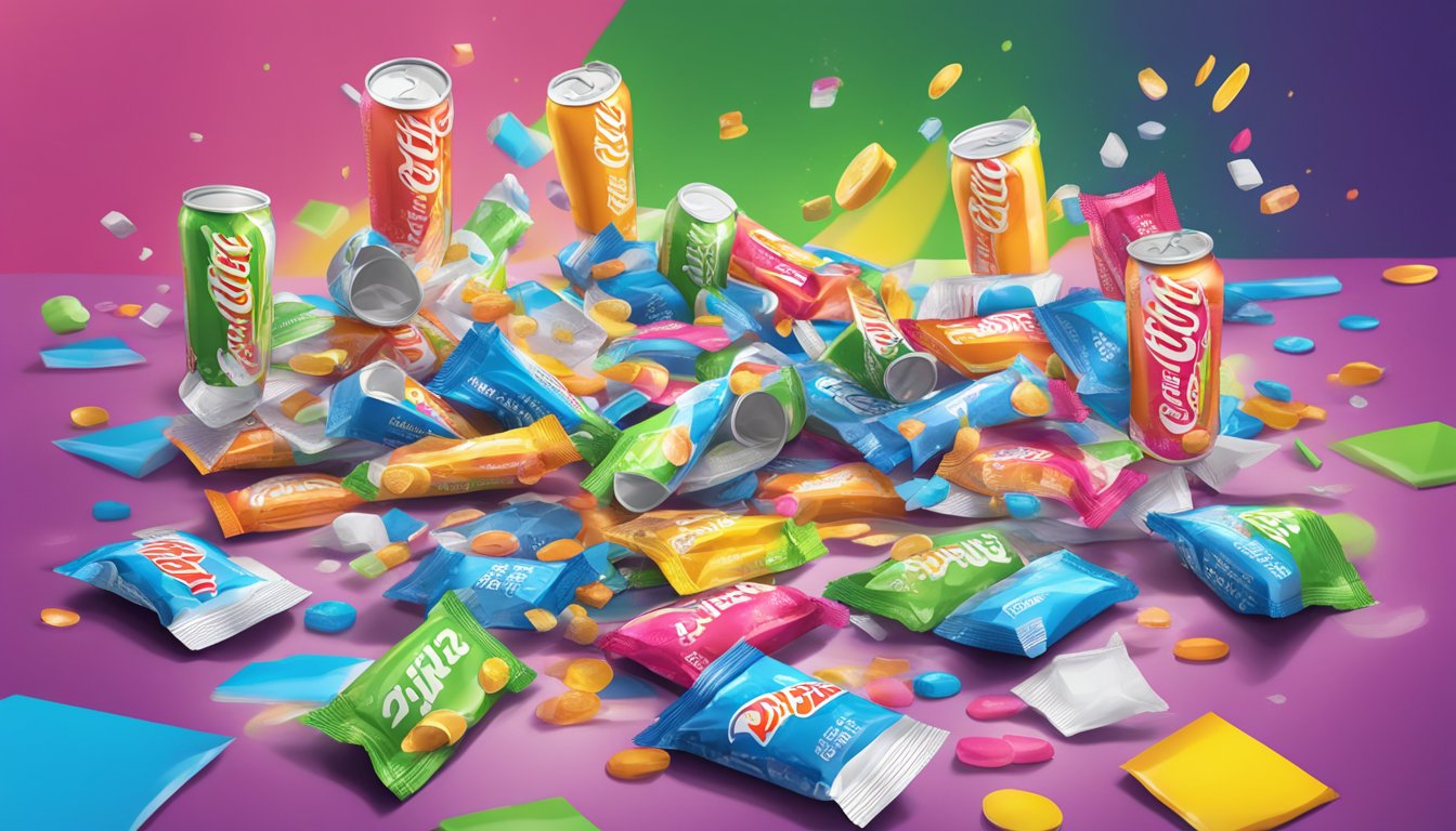 A table with multiple empty and half-empty Zipfizz energy drink mix packets scattered around, with a few overturned and spilled