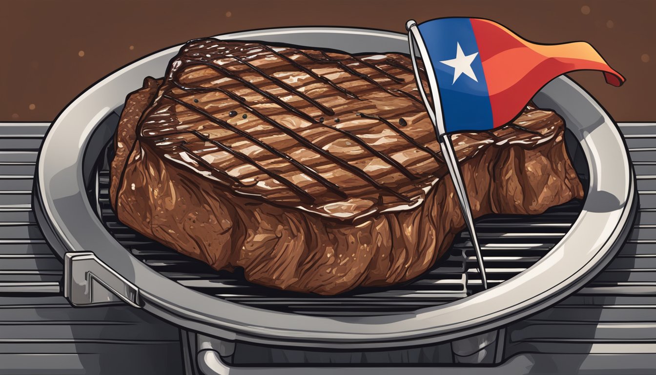 A sizzling steak on a hot grill with a Texas flag in the background