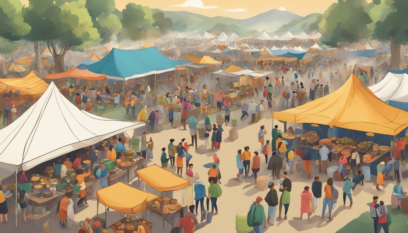 A bustling outdoor festival with tents, food stalls, and a large boiling pot surrounded by eager attendees