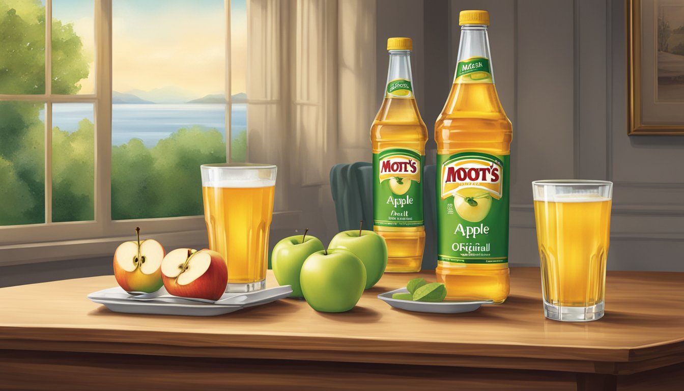 A table with multiple empty glasses and a large bottle of Mott's original apple juice