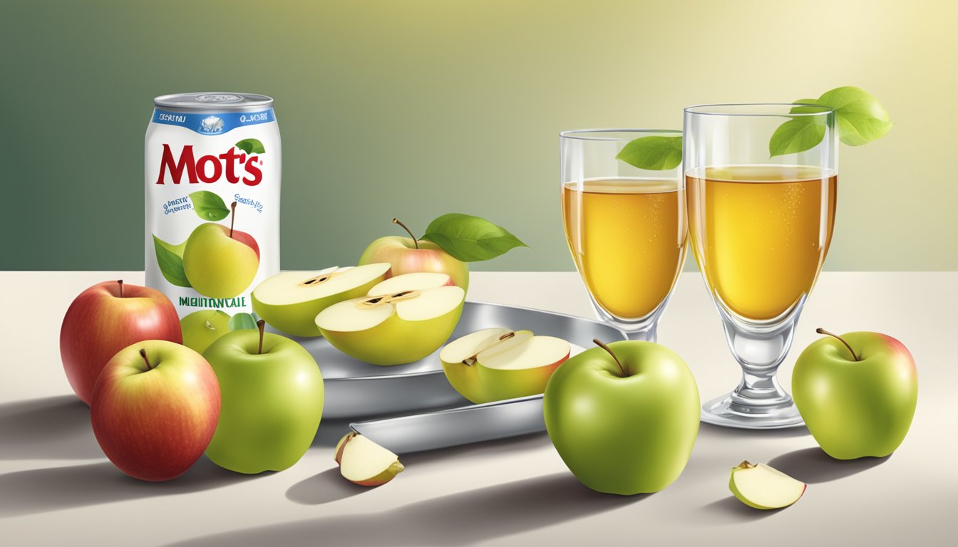 A table with multiple glasses of Mott's original apple juice, some empty and some full, surrounded by apples and a measuring cup