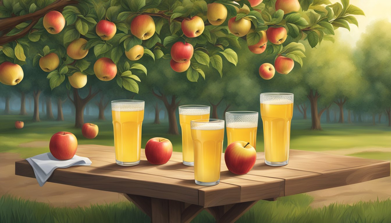 A table with multiple empty glasses of Mott's Original Apple Juice, surrounded by overflowing apple trees