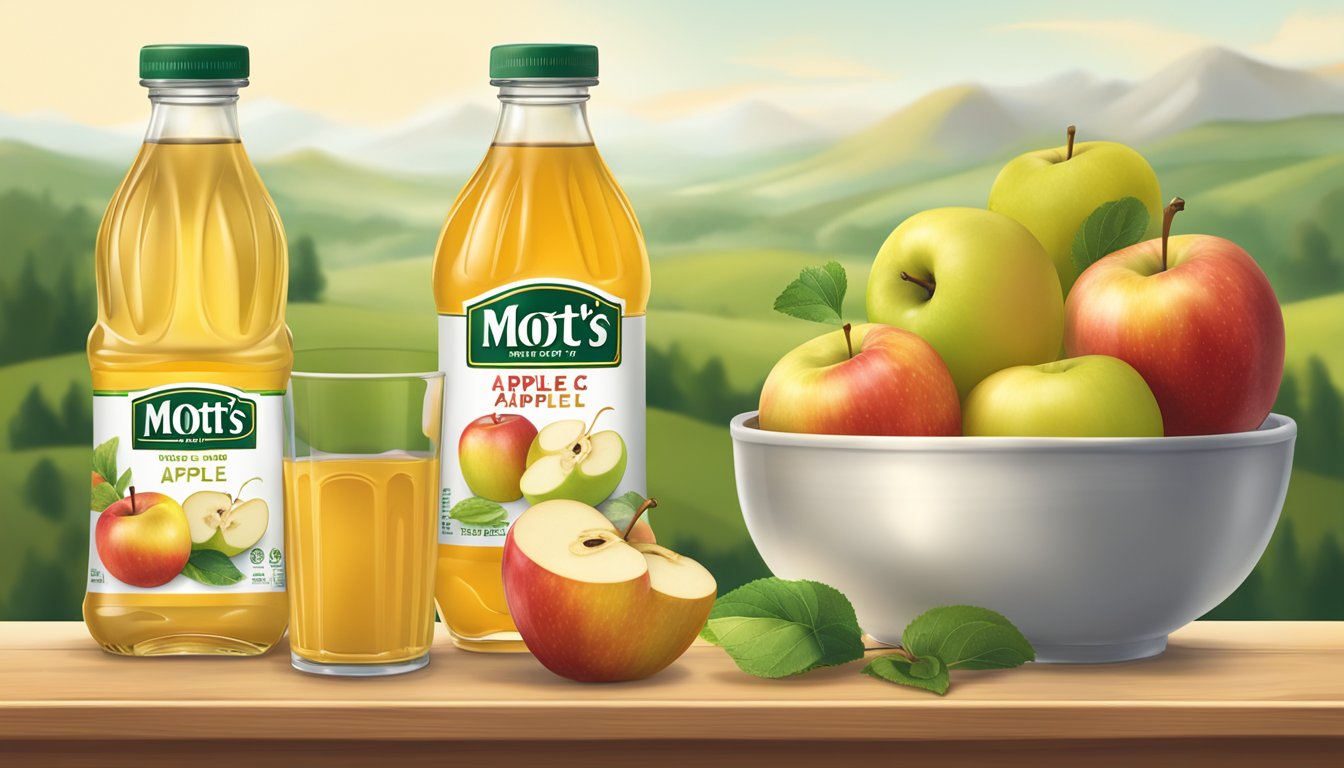 A table with multiple glasses of Mott's original apple juice, some full and some empty, surrounded by various fruits and a nutrition label